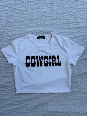 Amazon White Crop Top with Black "COWGIRL" Graphic